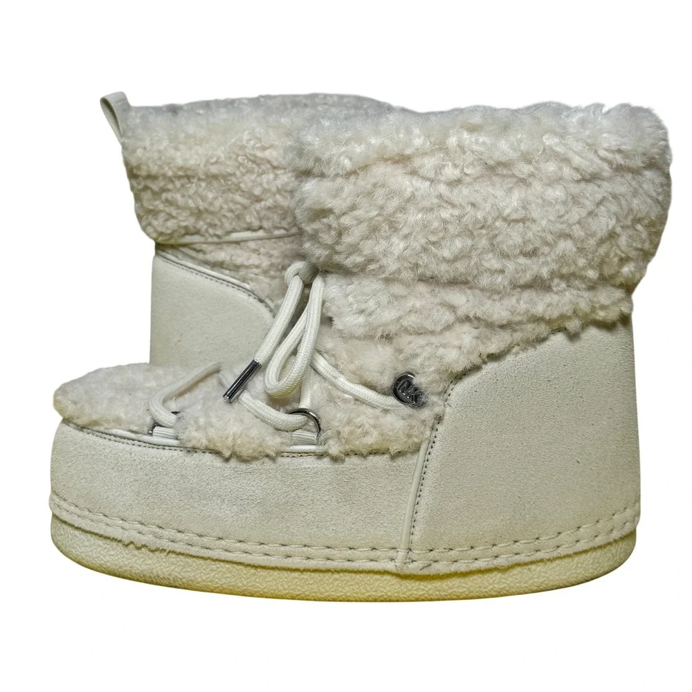 Size 7 - Michael Kors Zelda Shearling Suede Platform Snow Boots Lace Up Cream